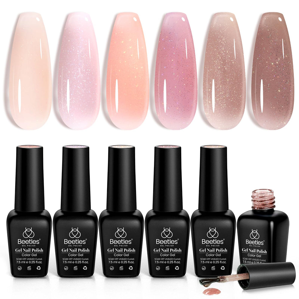 Beetles Jelly Gel Nail Polish Set shows six color swatches for versatile manicure looks.
