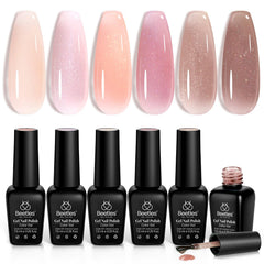 Beetles Jelly Gel Nail Polish Set shows six color swatches for versatile manicure looks.