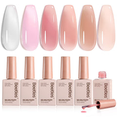 Beetles Jelly Gel Nail Polish Set color swatches in six sheer milky tones for versatile nude-pink looks.