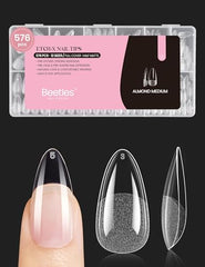 Beetles medium almond nail tips package with 12 sizes for easy fitting.