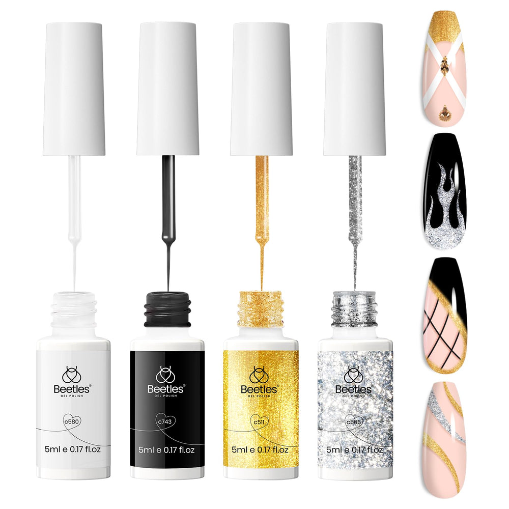 Beetles Nail Art Liner Gel Set gold bottle with glossy shine for festive nail designs.