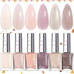 Beetles Gel Polish set swatches of 6 nude colors for versatile at-home manicures.