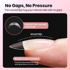 Beetles Almond Curve-EX tips with pre-etched design for easy application and reduced shaping time.