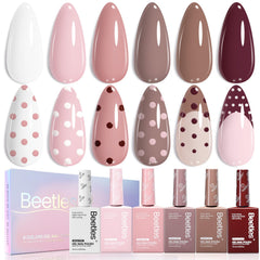 Beetles Gel Polish neutral set color swatches show six nude-brown shades for long-lasting winter manicure.
