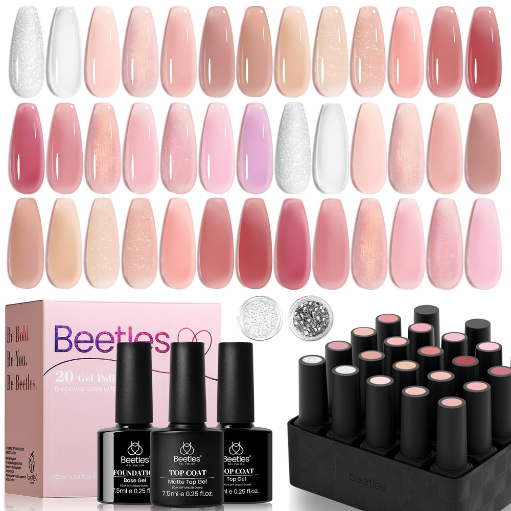 Beetles Nude Pink Gel Nail Polish Set closeup showcasing jelly colors for chic everyday nails.