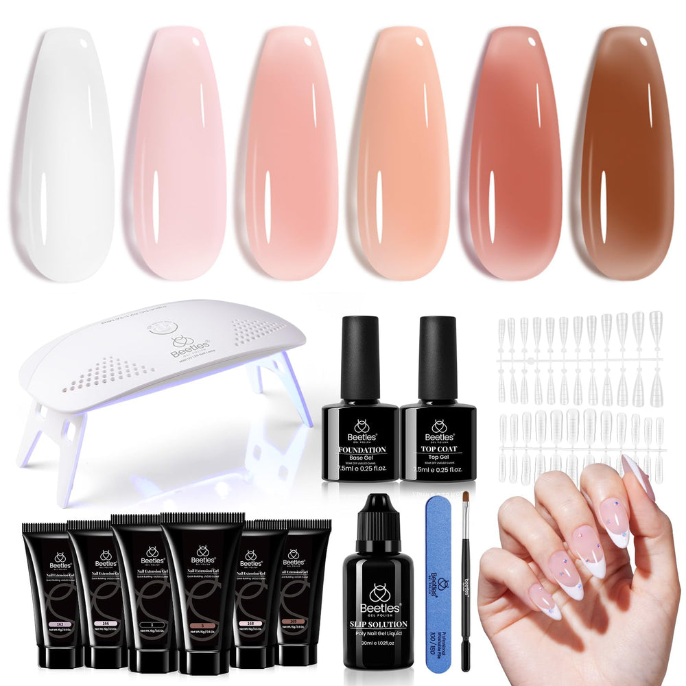 Beetles Poly Nail Gel Kit color swatches show six jelly nude shades for natural extensions.