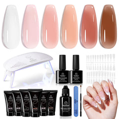 Beetles Poly Nail Gel Kit color swatches show six jelly nude shades for natural extensions.