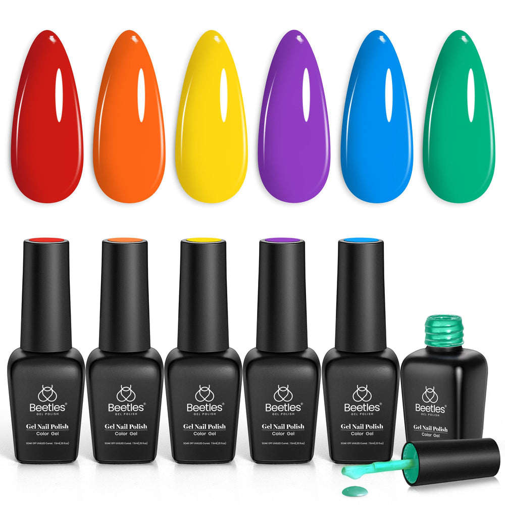 Beetles Rainbow gel polish set packaging with six vibrant colors for holiday styling.