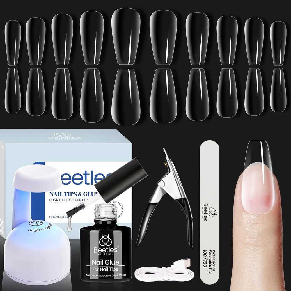 Beetles Soft Gel Nail Kit coffin tips setup with lamp for at-home manicure
