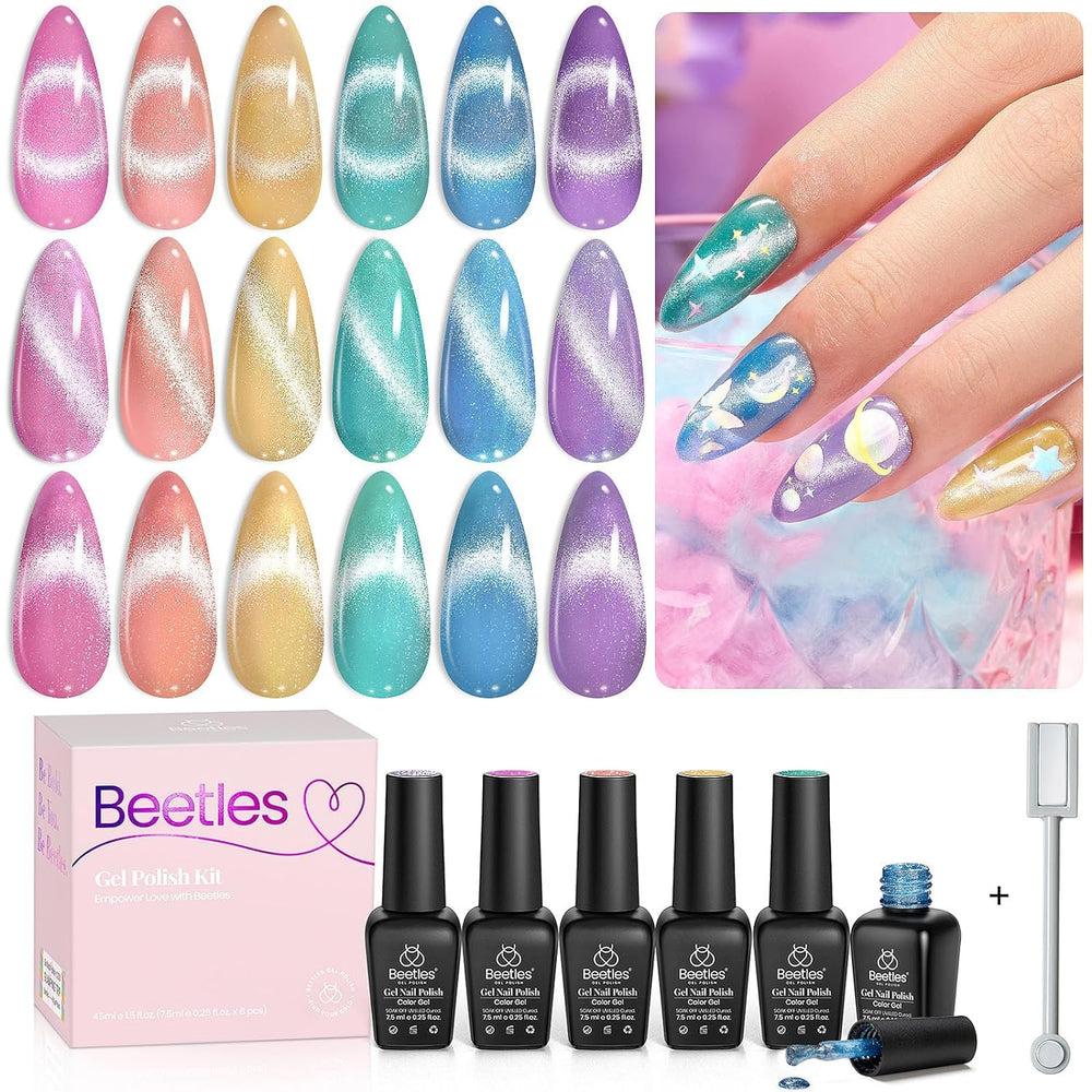 Beetles Spring Gel Nail Polish Set features cat-eye magnet for dimensional shimmer.