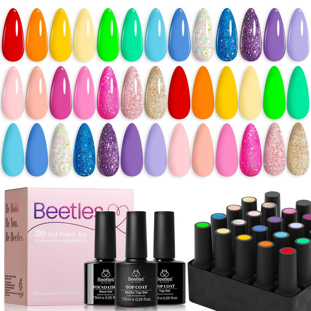 Beetles Summer Gel Polish Set swatches in green pink blue and nude glitter shades for versatile nails