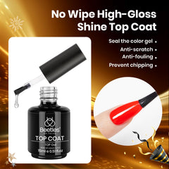 Beetles Gel Polish No-Wipe top coat bottle delivers high gloss and durability.
