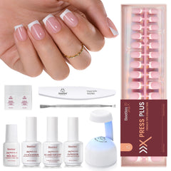 Beetles X Press Plus Glow French nails kit with pink short square tips for at-home chic.