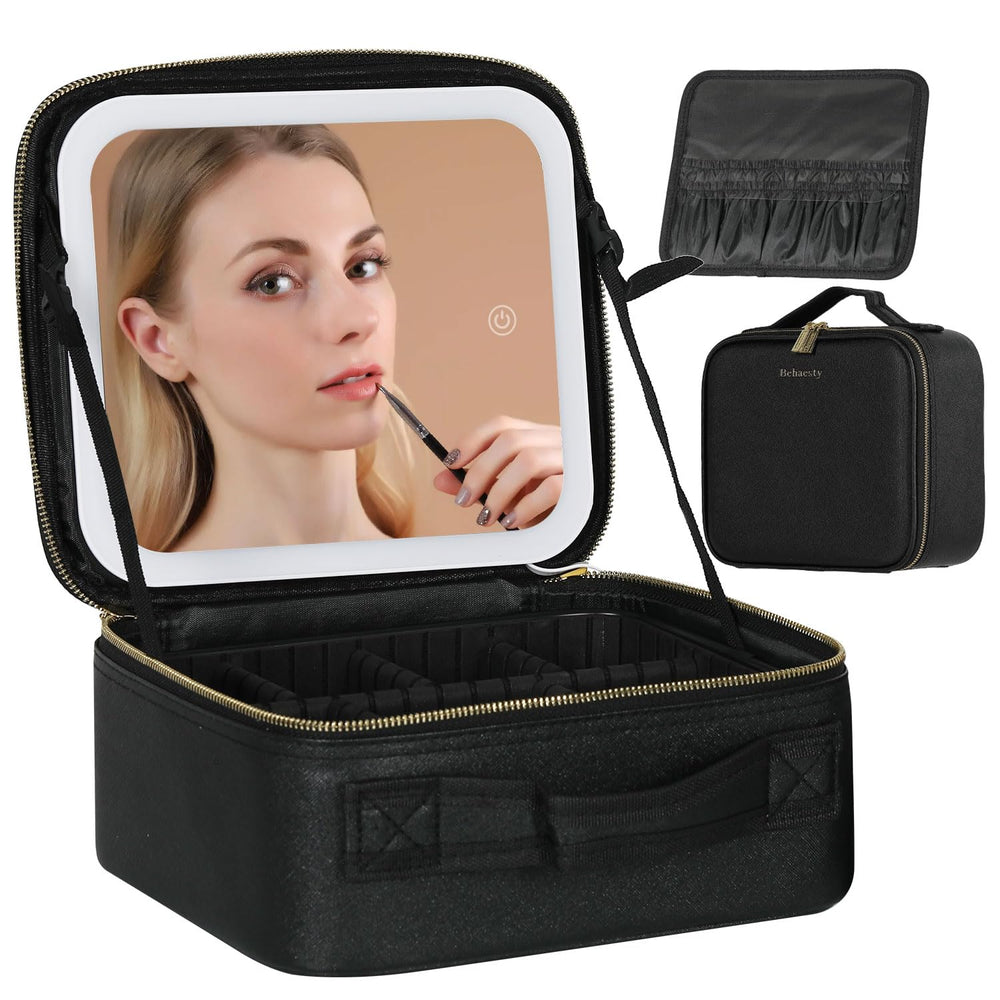 Behaesty travel makeup bag with cover mirror showcases organized storage for on-the-go use.