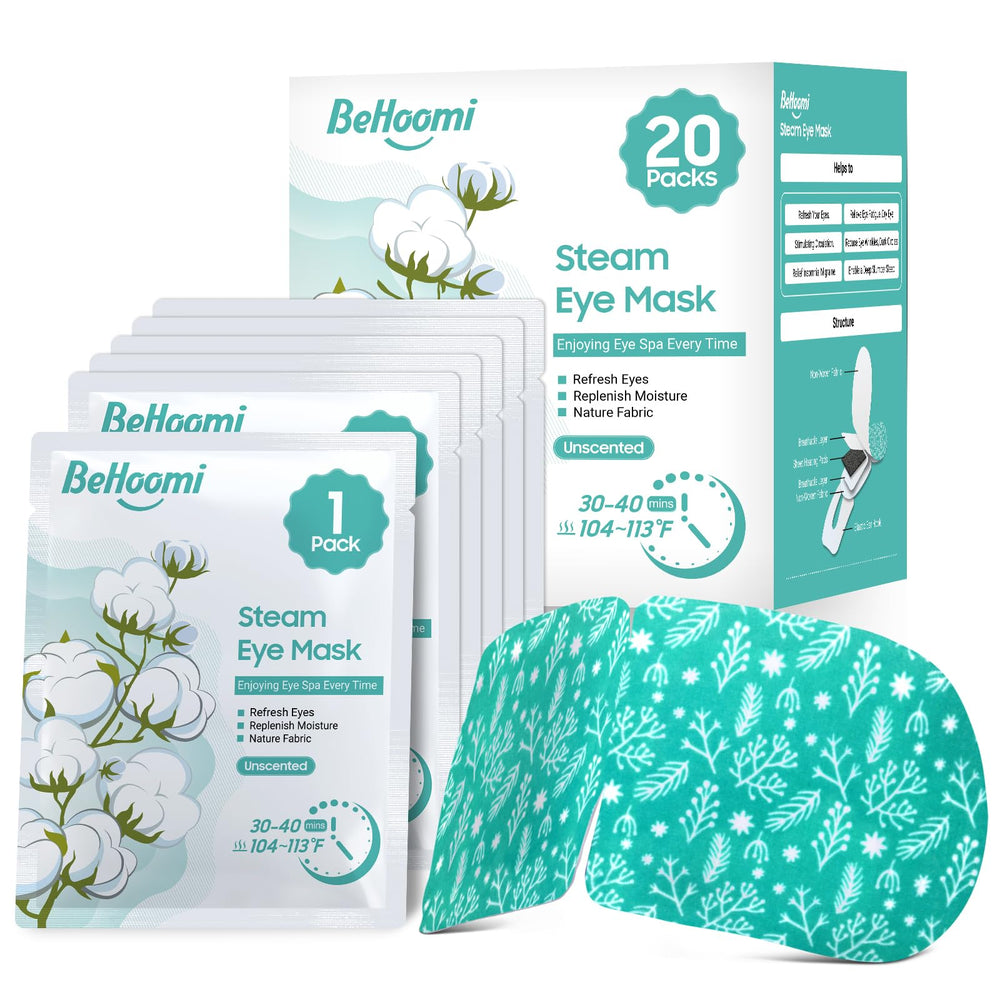 BeHoomi steam eye mask packaging showing convenient, disposable self-heating comfort