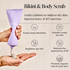 Beia Bikini & Body Scrub ingredients label highlights rice powder, glycolic acid, and green tea benefits.