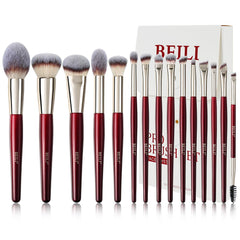 BEILI 15Pcs makeup brush set top view in red case for professional eyeshadow application.
