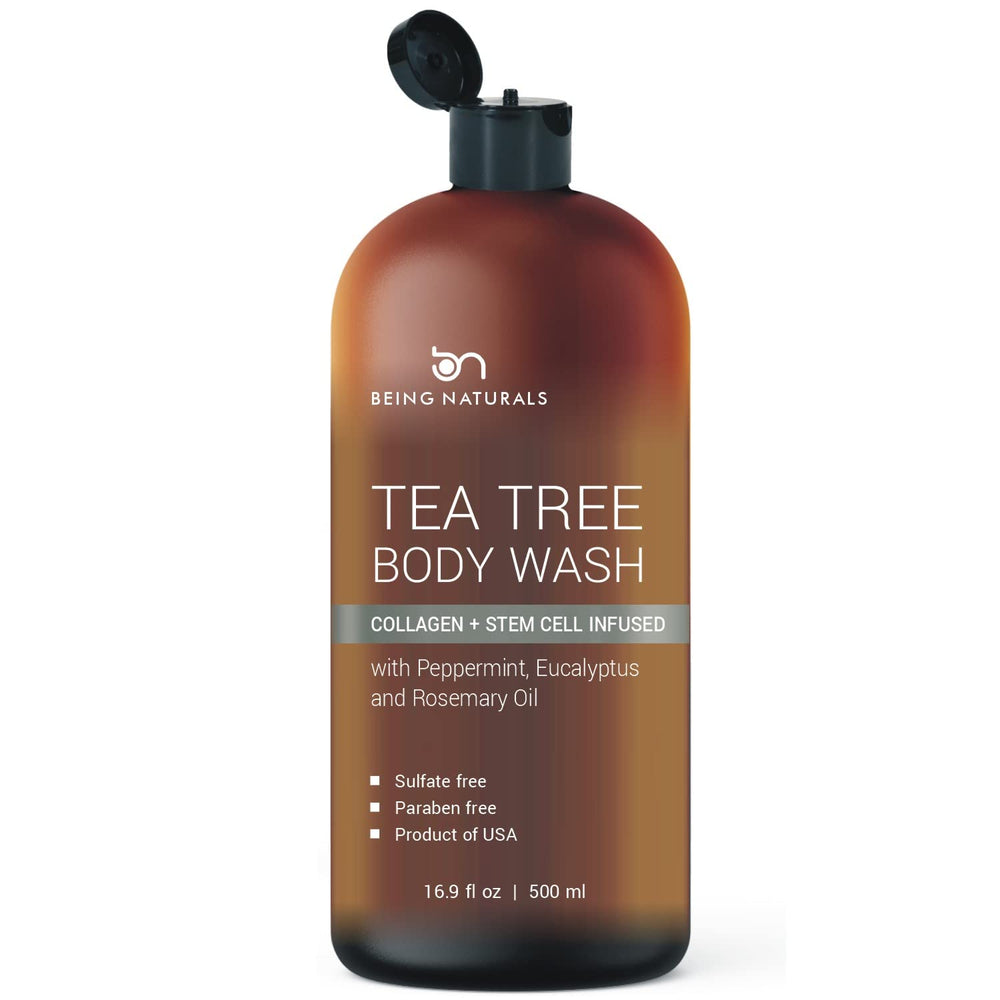 Being Naturals body wash tea tree bottle front demonstrates the odor-control formula for active lifestyles