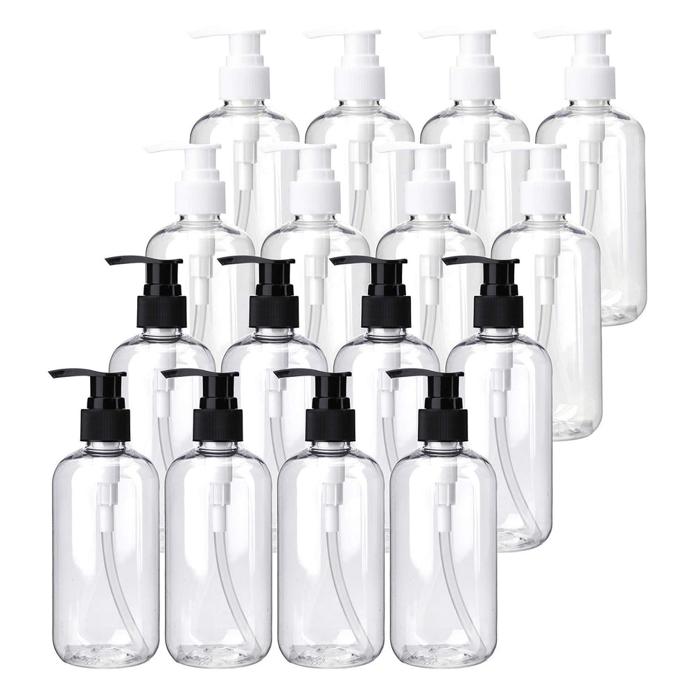 Bekith 16-pack empty lotion bottles with black and white pumps for organized skincare routines.