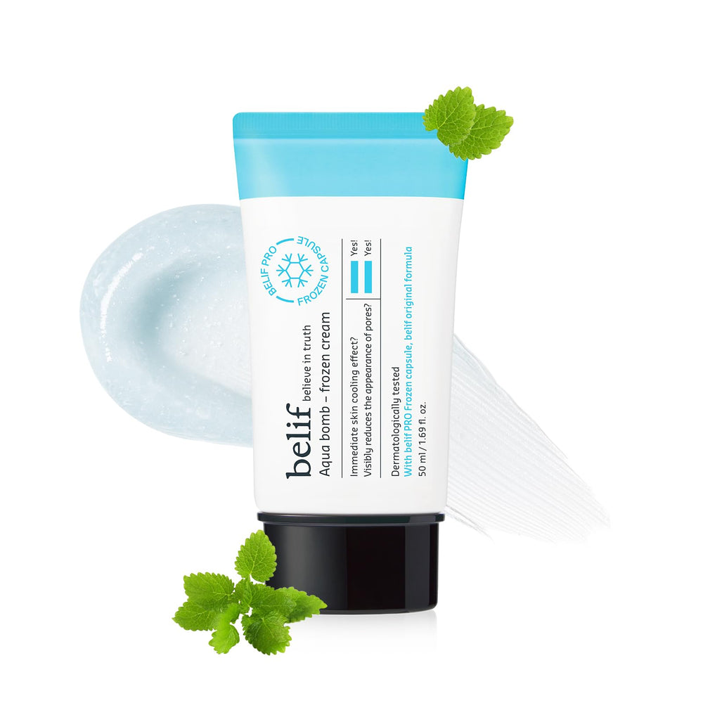 belif Aqua Bomb cooling relief cream jar – refreshing daily hydration for overheated skin.