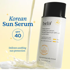 Belif Milky Niacinamide Sunscreen application close-up highlighting smooth, non-tacky finish.