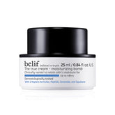 belif Moisturizing Bomb bottle close-up shows milky texture for lasting hydration