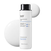 Belif Moisturizing Bomb Toner bottle closeup showcases milky texture for refreshing hydration.