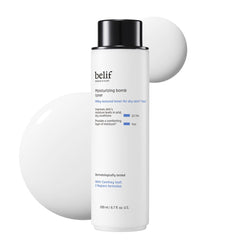 Belif Moisturizing Bomb Toner bottle closeup showcases milky texture for refreshing hydration.