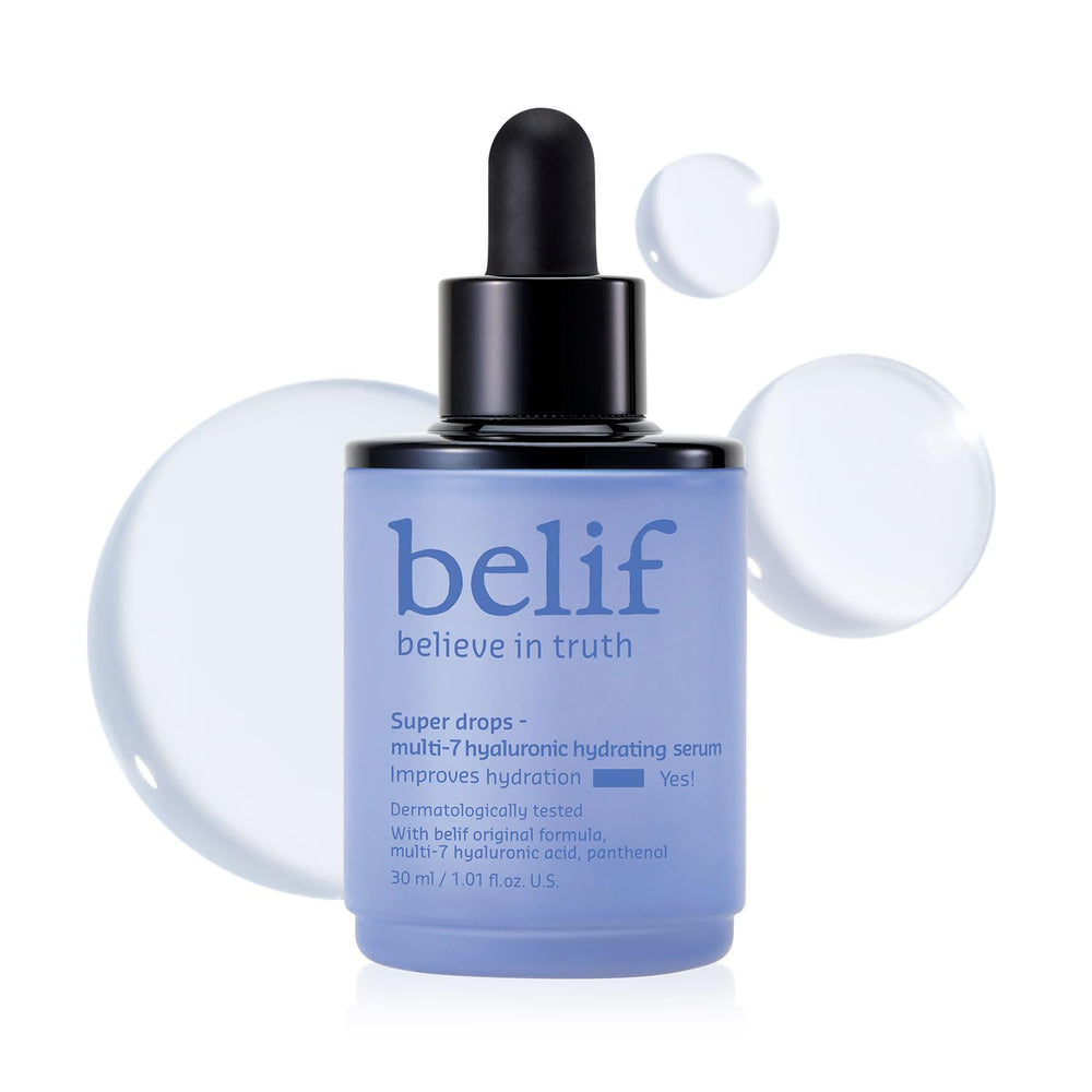 Belif Super Drops Multi-7 Hyaluronic Serum bottle closeup highlights deep hydration.