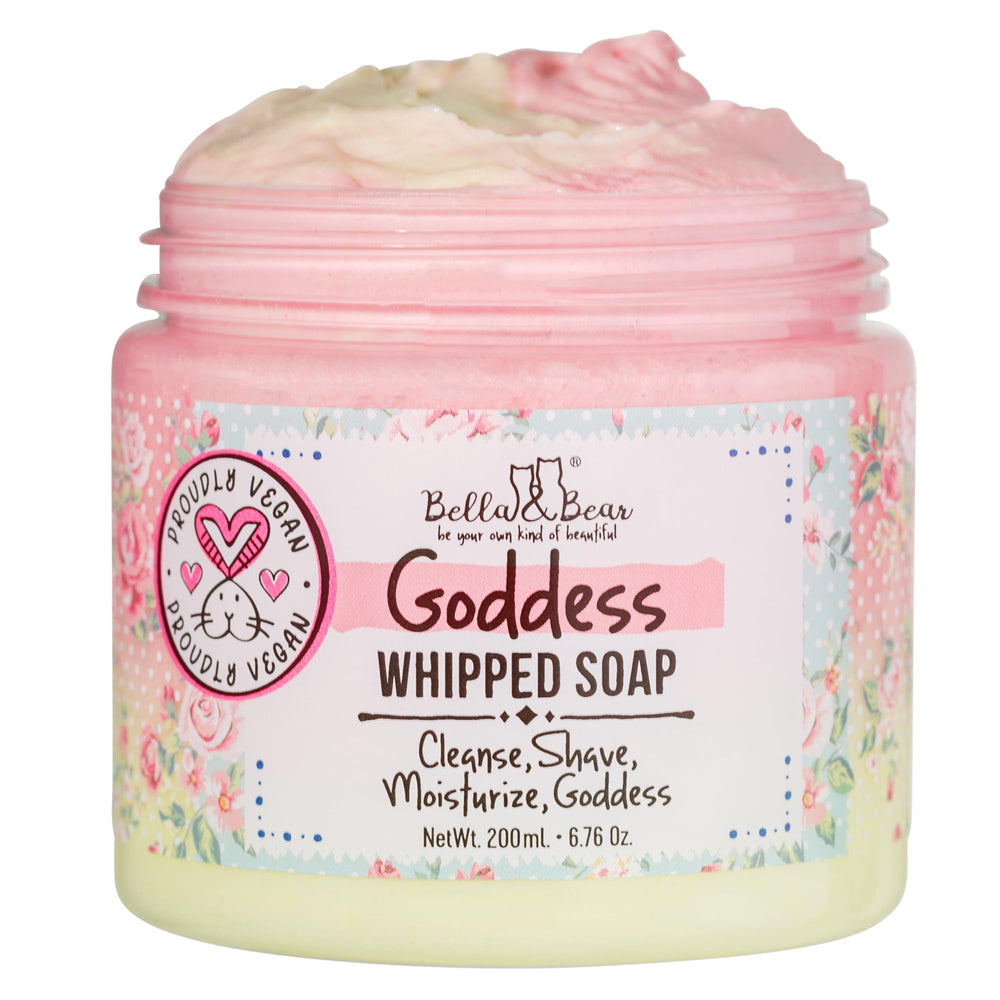 Bella and Bear Goddess Whipped Bath Soap pour reveals tropical scent and hydrating formula.