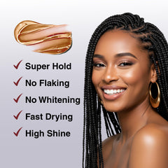 Bellatique Braiding Gel bottle back highlights no flaking and whitening-free formula