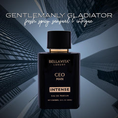 Bella Vita Luxury CEO Man Intense packaging box signals premium vegan fragrance.