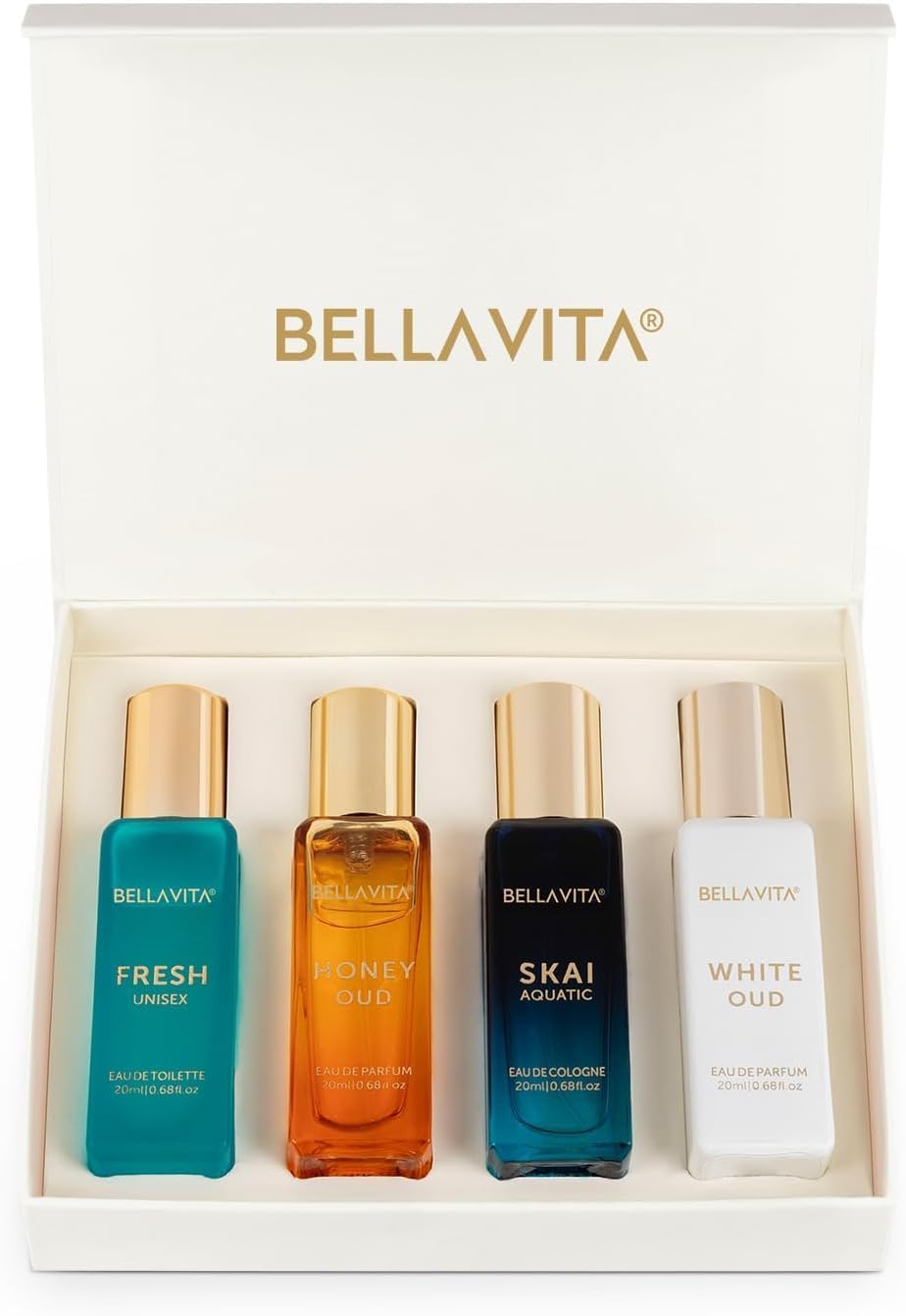 Bella Vita Luxury gift-set box with four 20ml bottles for travel-friendly fragrance options.