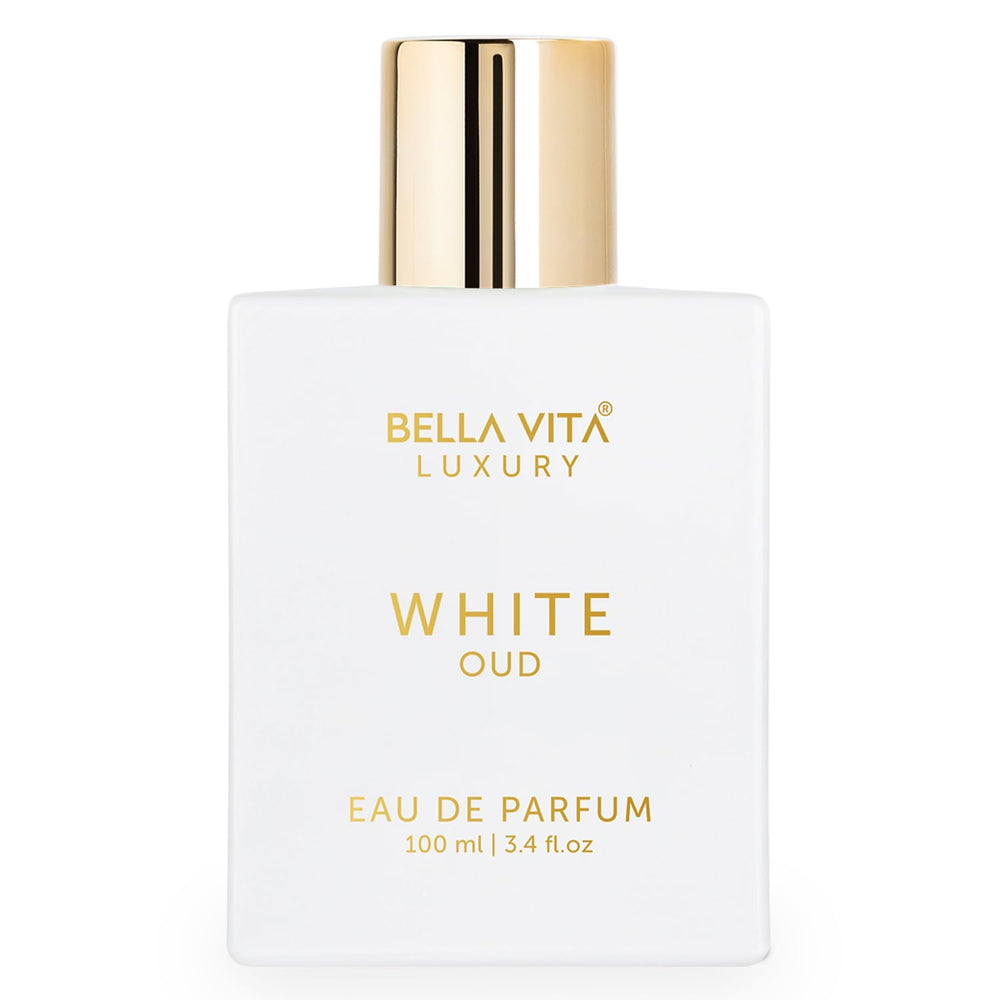 BellaVita Luxury White Oud bottle on a vanity for everyday elegance.