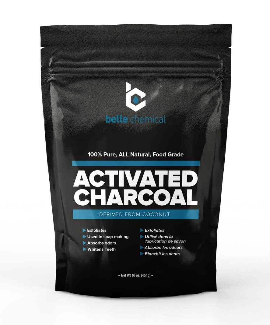Belle Chemical coconut activated charcoal powder packaging shows resealable bag for freshness
