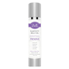 Belli belly stretch mark oil bottle close-up, maternity skincare for stretch marks.