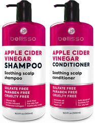 Bellisso Apple Cider Vinegar Shampoo bottle front demonstrates sulfate-free cleansing for a gentler scalp.