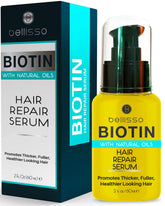 Bellisso biotin hair serum bottle closeup shows volume-boosting formula.