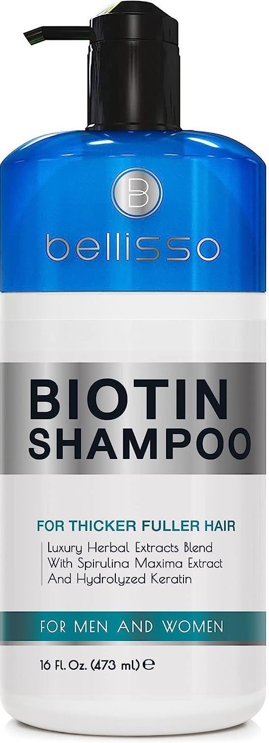 Bellisso Biotin Shampoo bottle closeup shows volumizing formula for thicker hair.