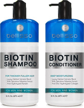 Bellisso Biotin Shampoo bottle pour demonstrates gentle cleansing for daily hair care.