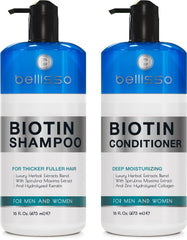 Bellisso Biotin Shampoo bottle pour demonstrates gentle cleansing for daily hair care.