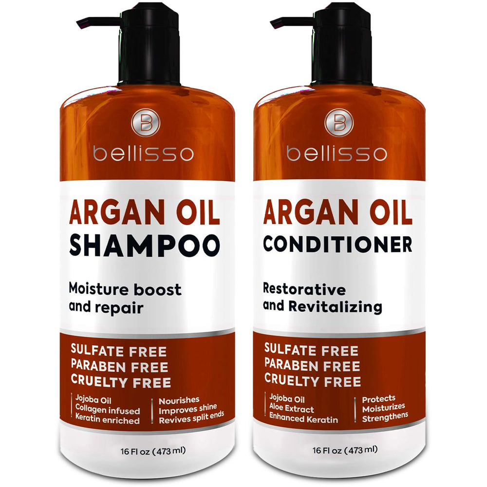 Bellisso Moroccan Argan Oil Shampoo bottle demonstrates radiant shine potential for all hair types.