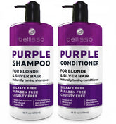 Bellisso purple shampoo bottle pour shows quick toning for cooler blonde tones