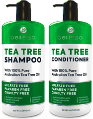 Bellisso Tea Tree Shampoo bottle closeup for invigorating scalp refresh.