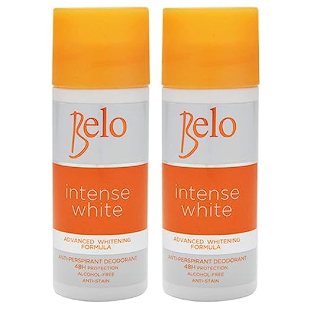 BELO Intense White deodorant bottle demonstrates dual whitening action for underarm care