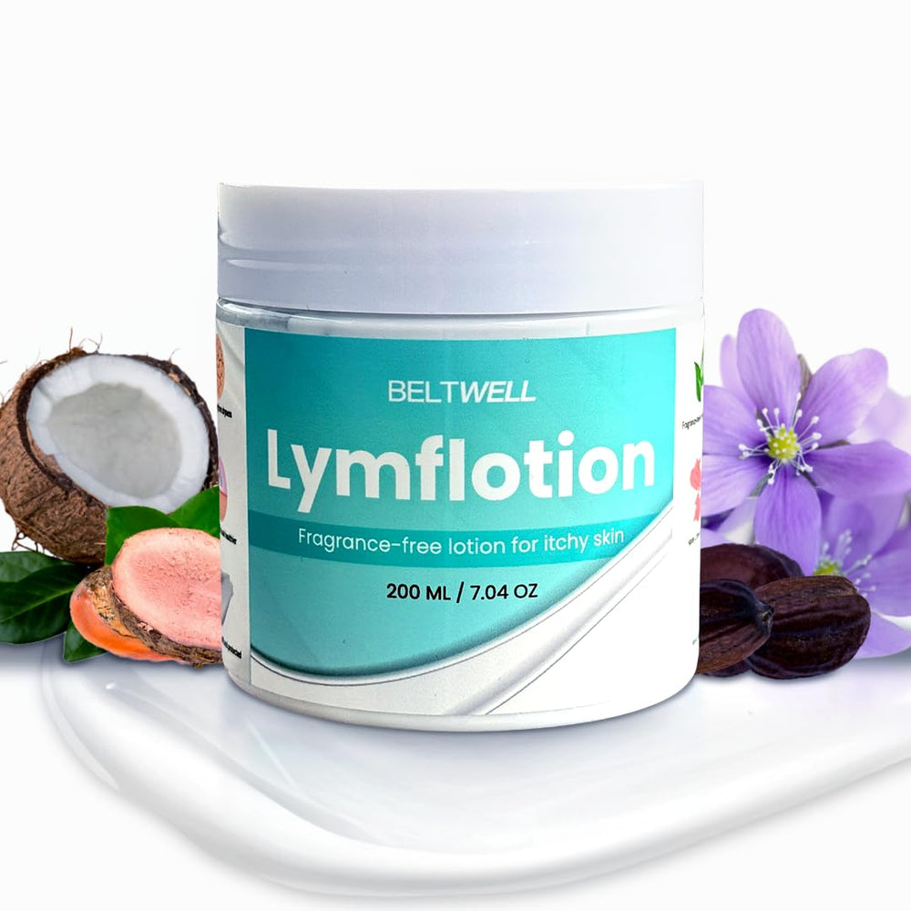 Beltwell Lymflotion bottle packshot shows fragrance-free, non-greasy formula for sensitive skin comfort.