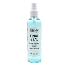Ben Nye Final Seal setting spray bottle closeup for long-lasting matte makeup.