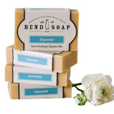Bend Soap Company unscented goat milk soap bar close-up showing natural ingredients for daily nourishment.