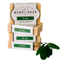 Bend Soap Company Tea Tree Goat Milk Soap bar front view showing natural ingredients for soothing dry skin