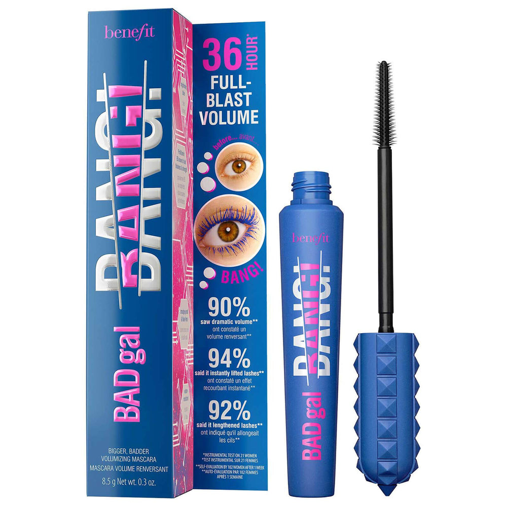 Benefit BADgal BANG blue mascara wand shows weightless volume for dramatic lashes.